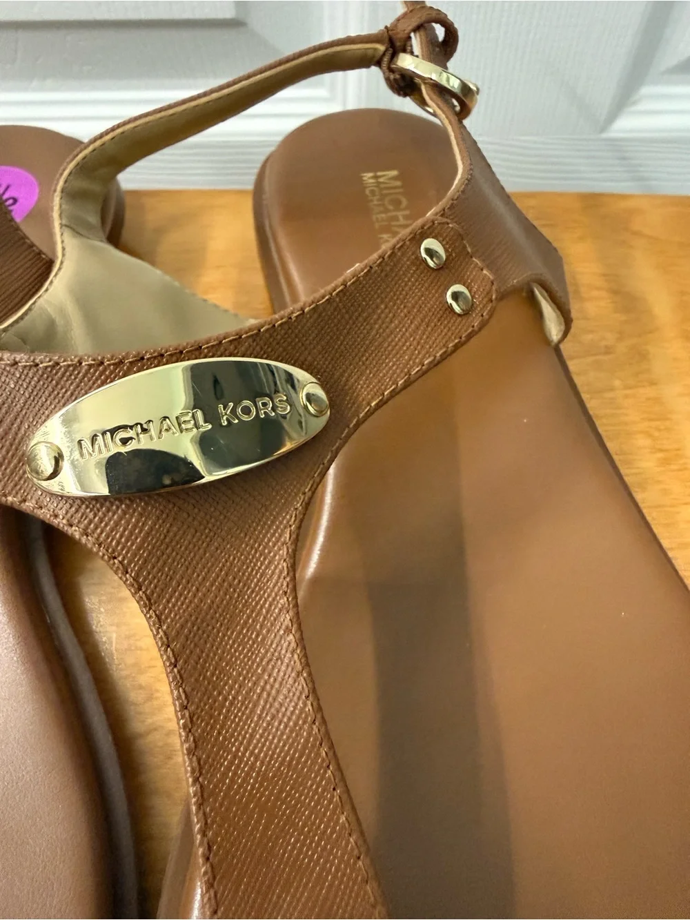 Michael Kors Brown Leather T-Strap Sandals with Gold Accents